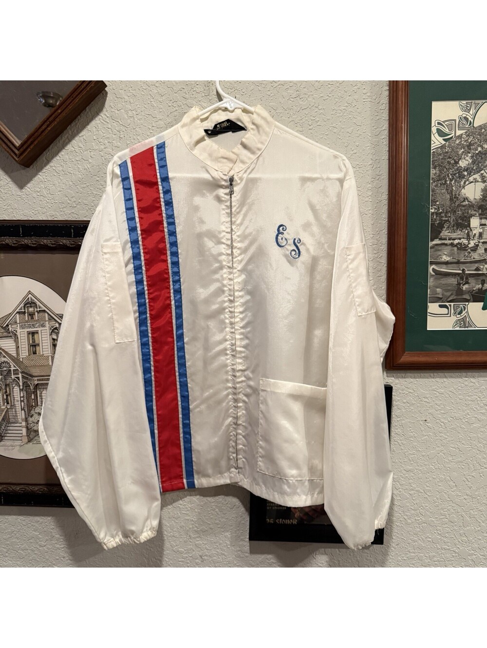 Vintage 70s Pla-Jac Dunbrooke Racing Striped Marina Work Jacket White Size Large